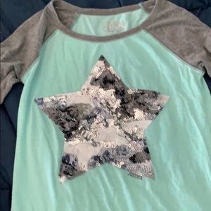 Justice size 10 sequined camo star raglan shirt